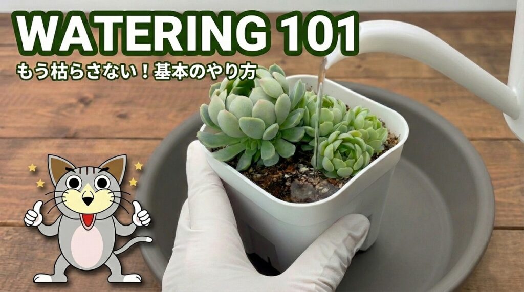 多肉植物の基本の水やりを説明しているサムネイル画像