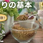 真ん中に赤玉土を入れたガラス容器。白い手袋をした手で、銀色のスプーンを持ち、土をひとさじ、すくっている様子。画面左側に猫のイラストが表示されており、「水はけ抜群！」という吹き出し。